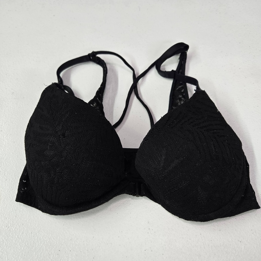 PINK Victoria's Secret Women Bra 32B Black Underwire Lace Push‎ Up Front Closure